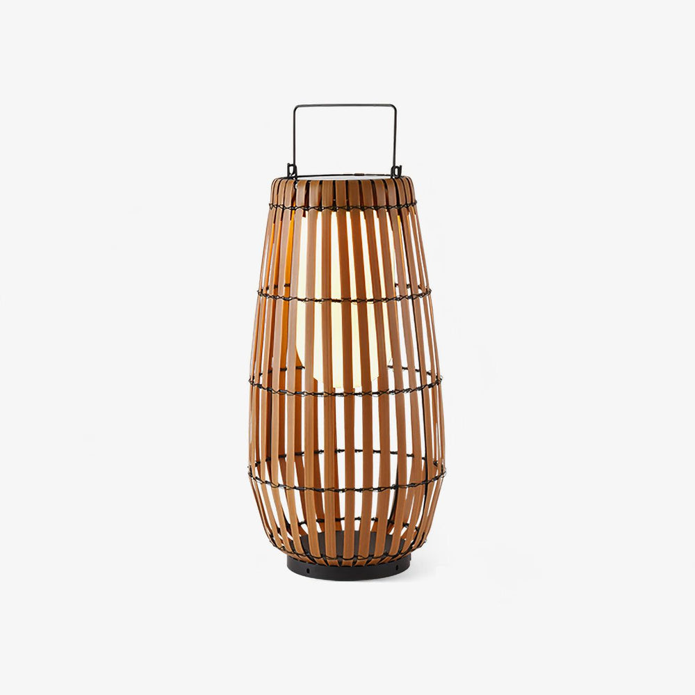 Rounded lantern in braided faux rattan with a slim metal carry handle