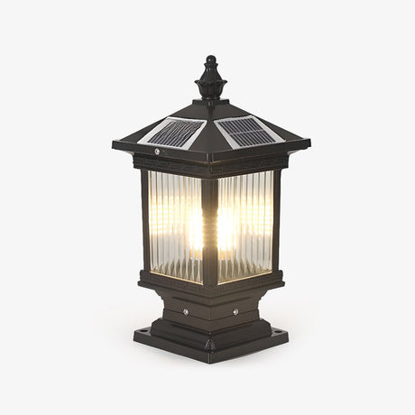Tall classic lantern with a pagoda roof, a finial and ribbed clear glass