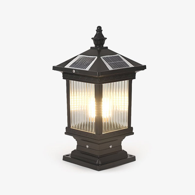 Tall classic lantern with a pagoda roof, a finial and ribbed clear glass