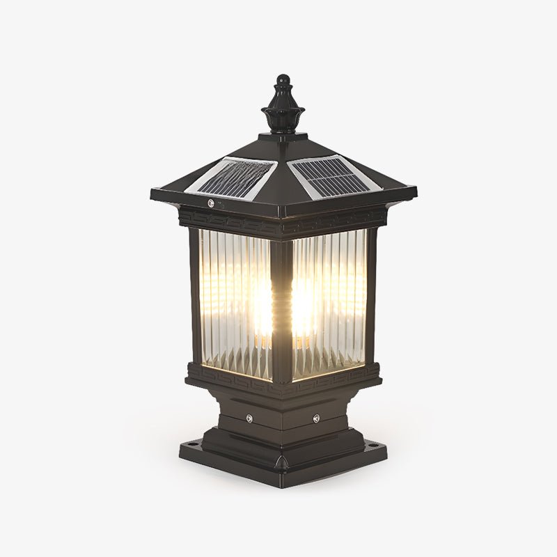 Tall classic lantern with a pagoda roof, a finial and ribbed clear glass