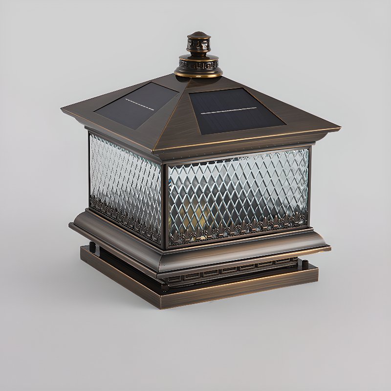 The same lantern in bronze, the diamond pattern visible in the glass