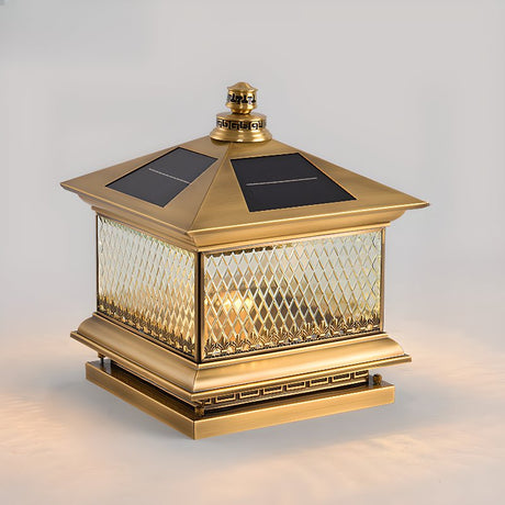 The same lantern in copper, the solar panel visible on the pagoda roof