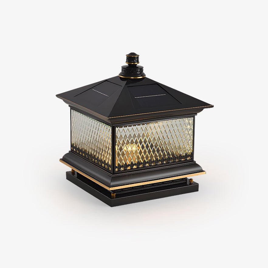 Pagoda roof post light with a turned finial over diamond patterned glass