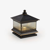 Pagoda roof post light with a turned finial over diamond patterned glass