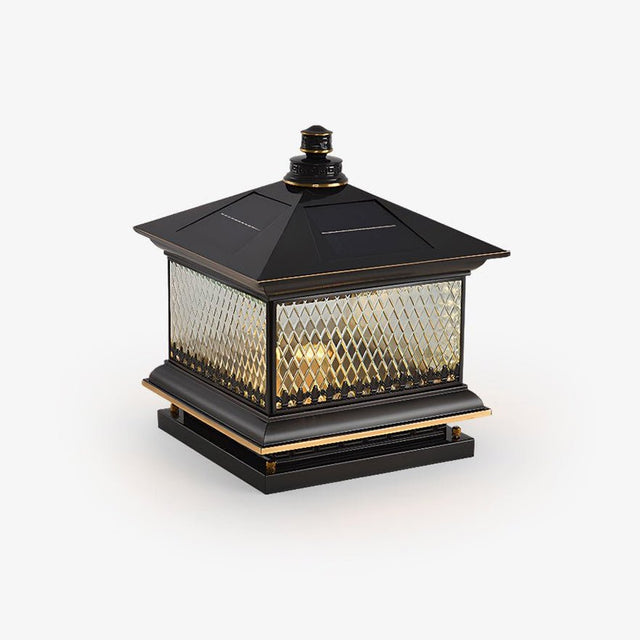 Pagoda roof post light with a turned finial over diamond patterned glass