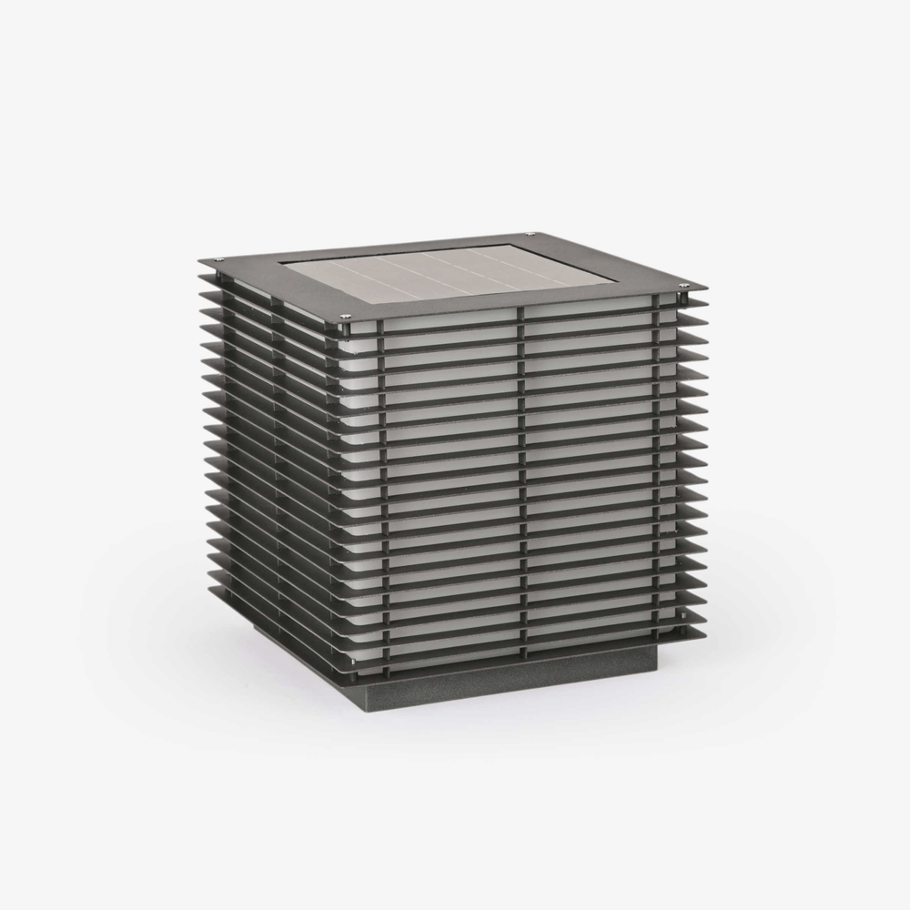 Slatted cube lantern in dark gray with a solar panel on the flat top