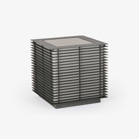 Slatted cube lantern in dark gray with a solar panel on the flat top