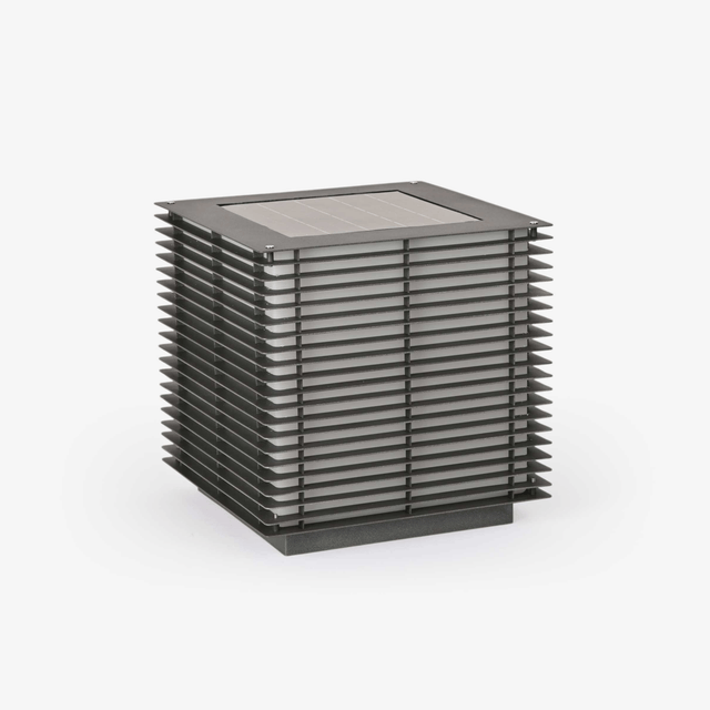 Slatted cube lantern in dark gray with a solar panel on the flat top