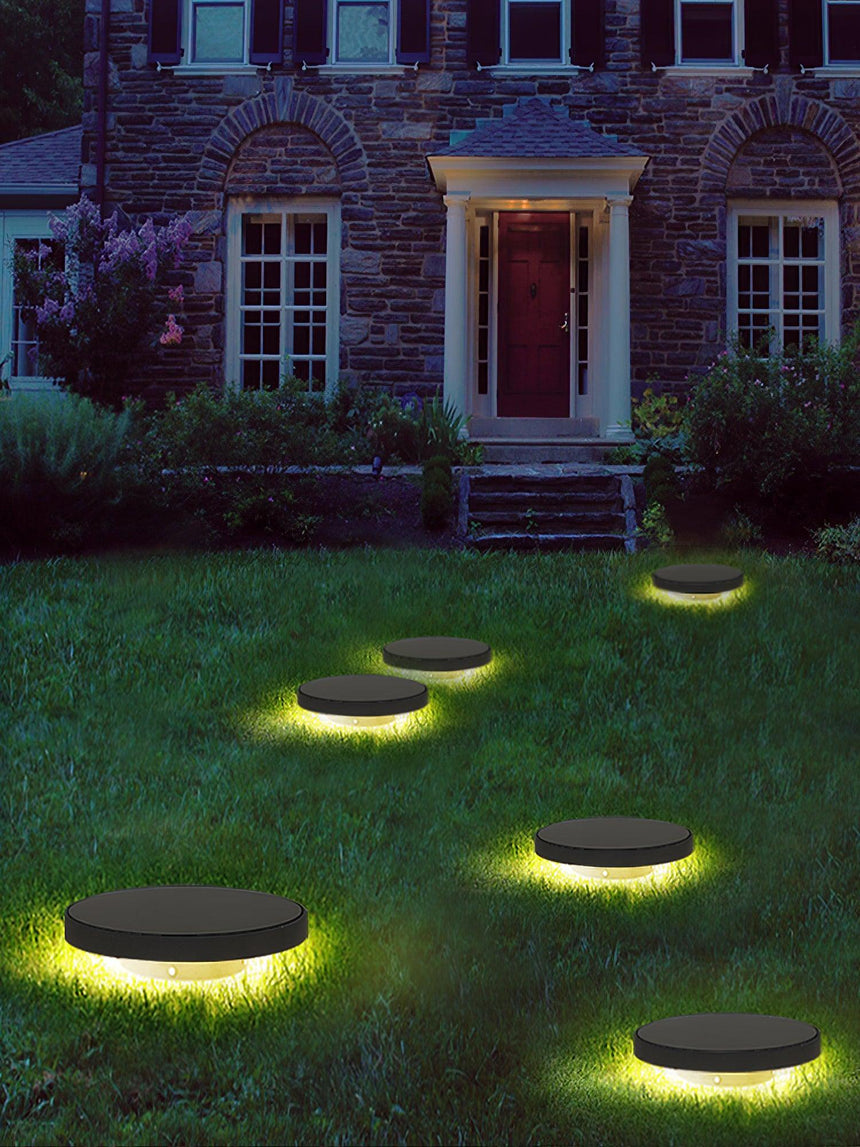 A group lit on a lawn in front of a brick house with a red door