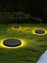Two lit on dark grass with a soft ring of glow around each disc