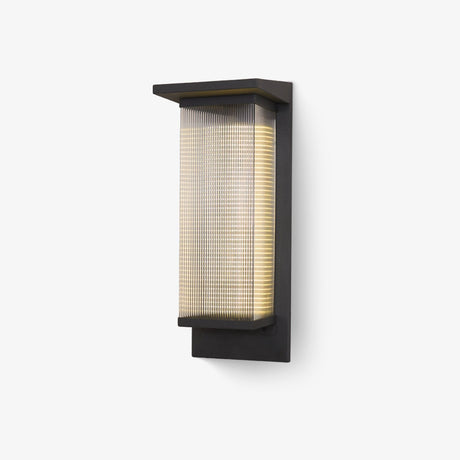 Open sided box frame in dark gray holding a ribbed glass tube inside