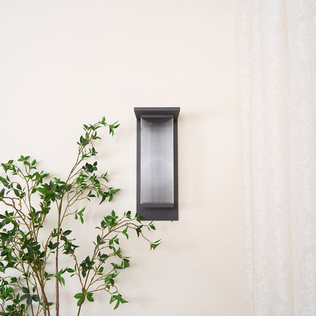 The light seen small on a wall beside a curtain and a potted branch