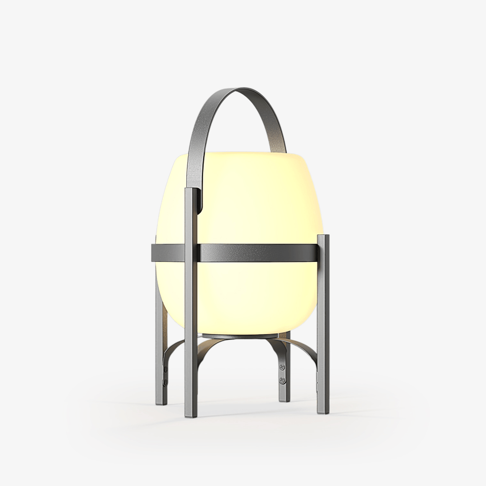 Egg shaped white diffuser held in a three leg metal frame with a handle