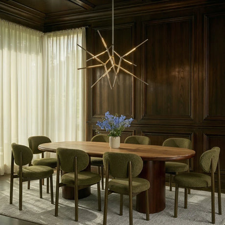 The gold version above a dining table and chairs in a dark wood paneled room with curtains