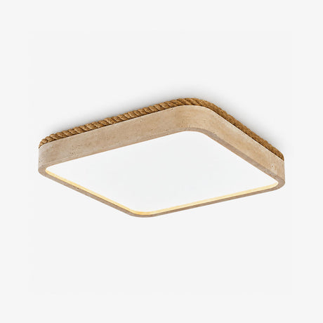 Square flush mount ceiling light with a travertine frame and a white light panel