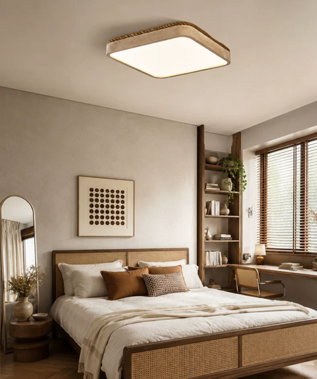Square travertine ceiling light in a bedroom with a floor mirror and open shelves