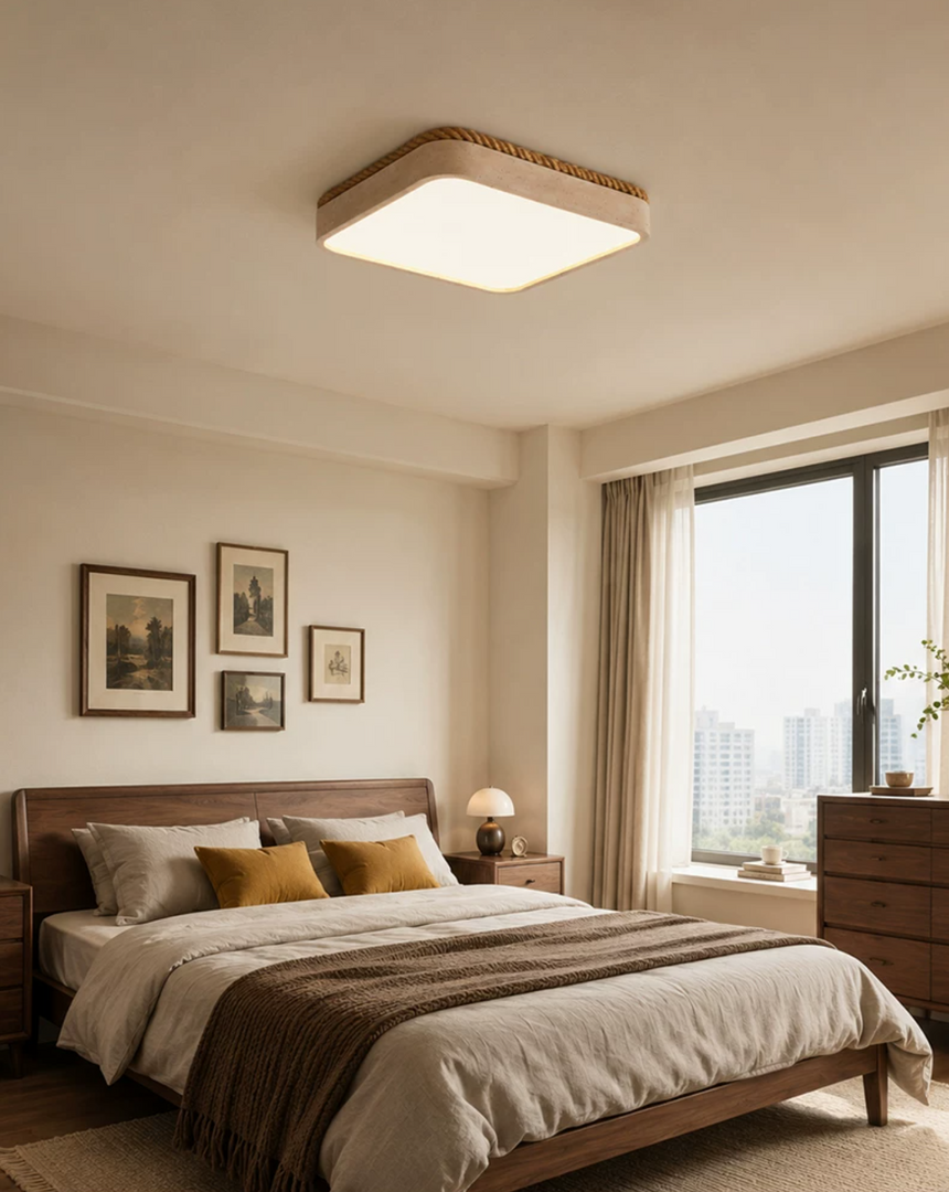 Square travertine ceiling light in a bedroom with mustard pillows and a wood bed frame