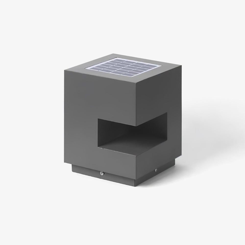 Gray cube post light with a wide horizontal slot cut across one face