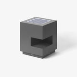 Gray cube post light with a wide horizontal slot cut across one face