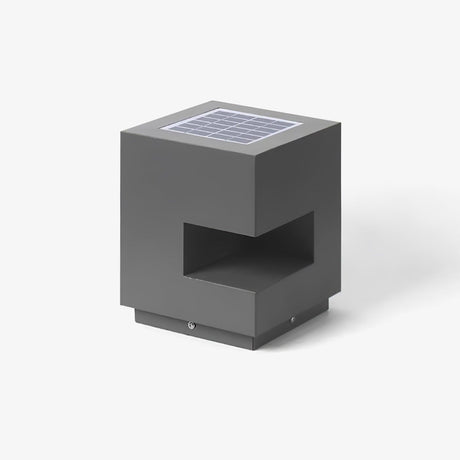 Gray cube post light with a wide horizontal slot cut across one face