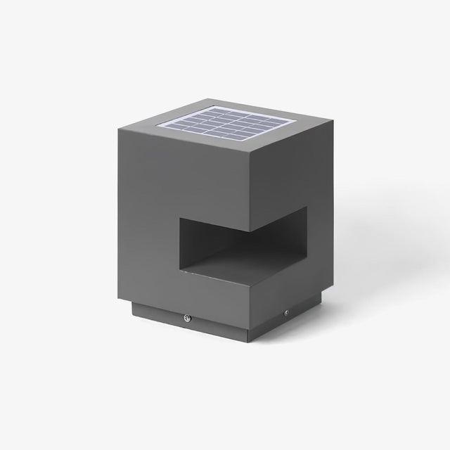 Gray cube post light with a wide horizontal slot cut across one face
