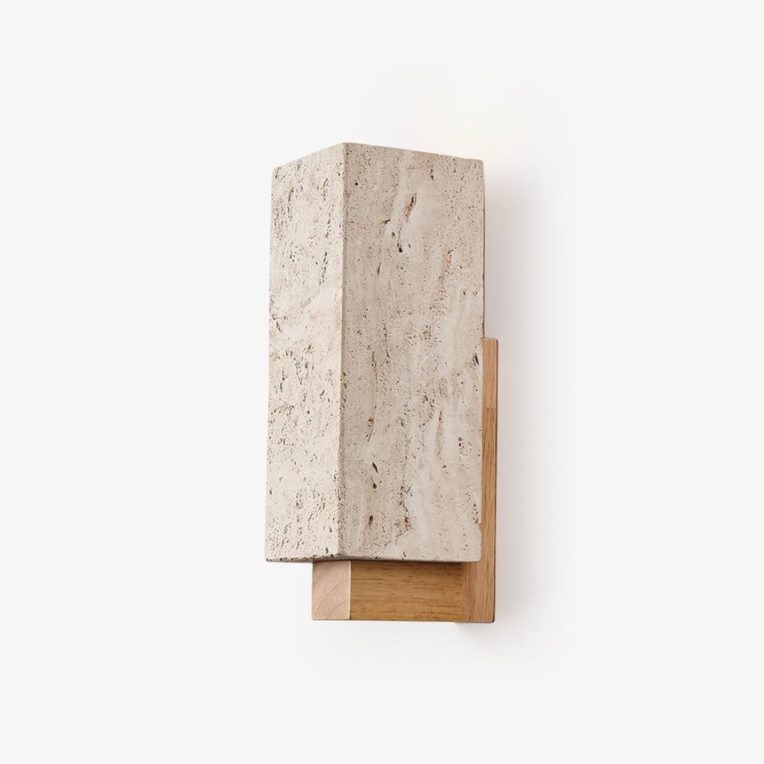 Square wall sconce, a travertine block standing on a wood shelf bracket