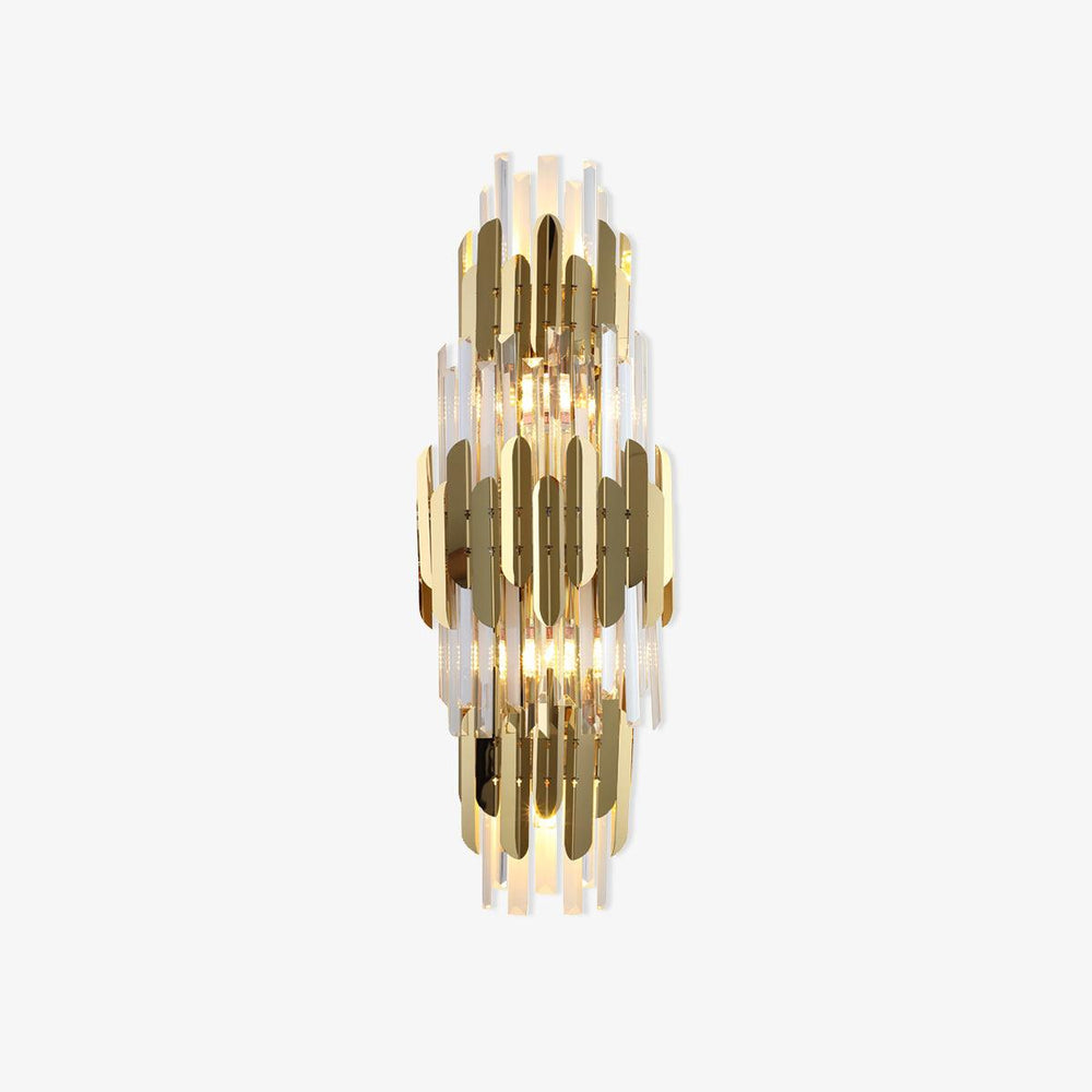 Tall wall sconce with three tiers of gold stainless steel blades and clear crystal prisms