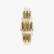 Tall wall sconce with three tiers of gold stainless steel blades and clear crystal prisms