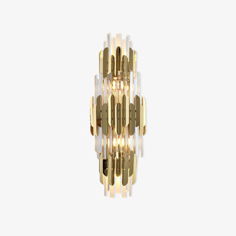 Tall wall sconce with three tiers of gold stainless steel blades and clear crystal prisms