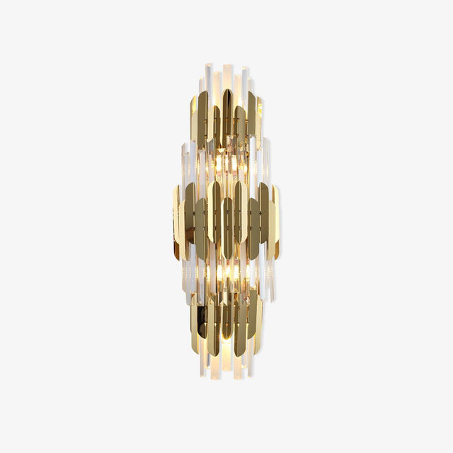 Tall wall sconce with three tiers of gold stainless steel blades and clear crystal prisms