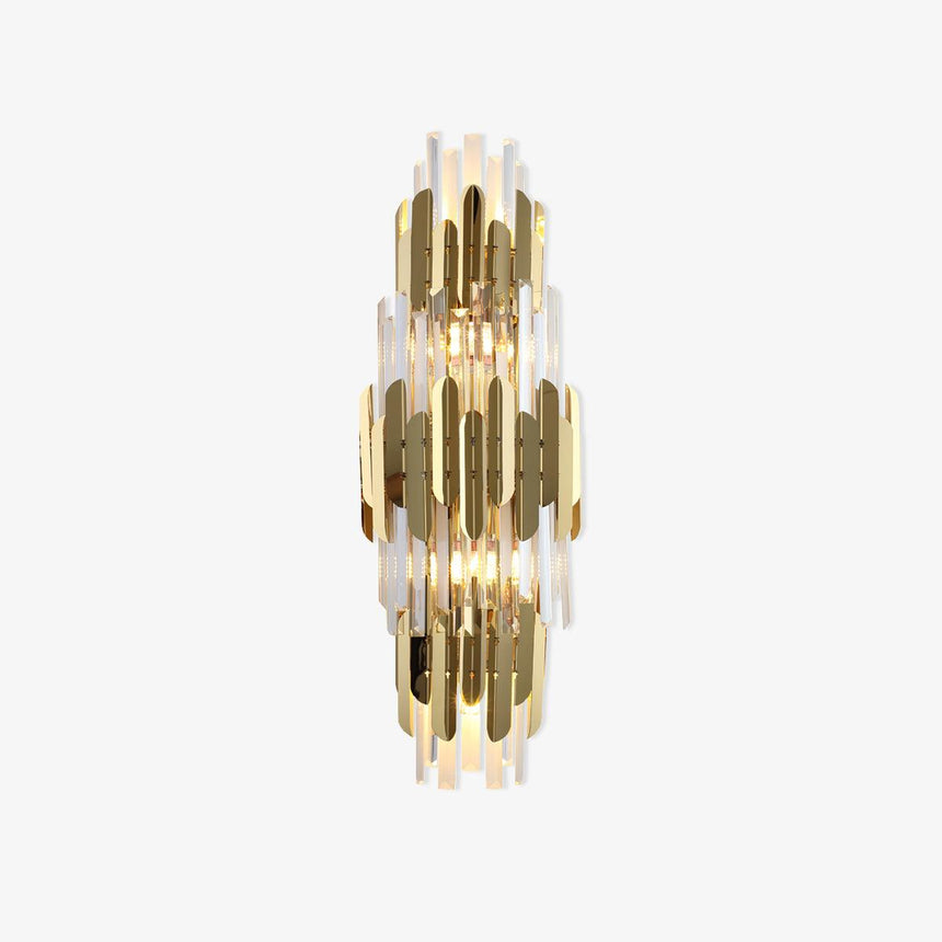 Tall wall sconce with three tiers of gold stainless steel blades and clear crystal prisms