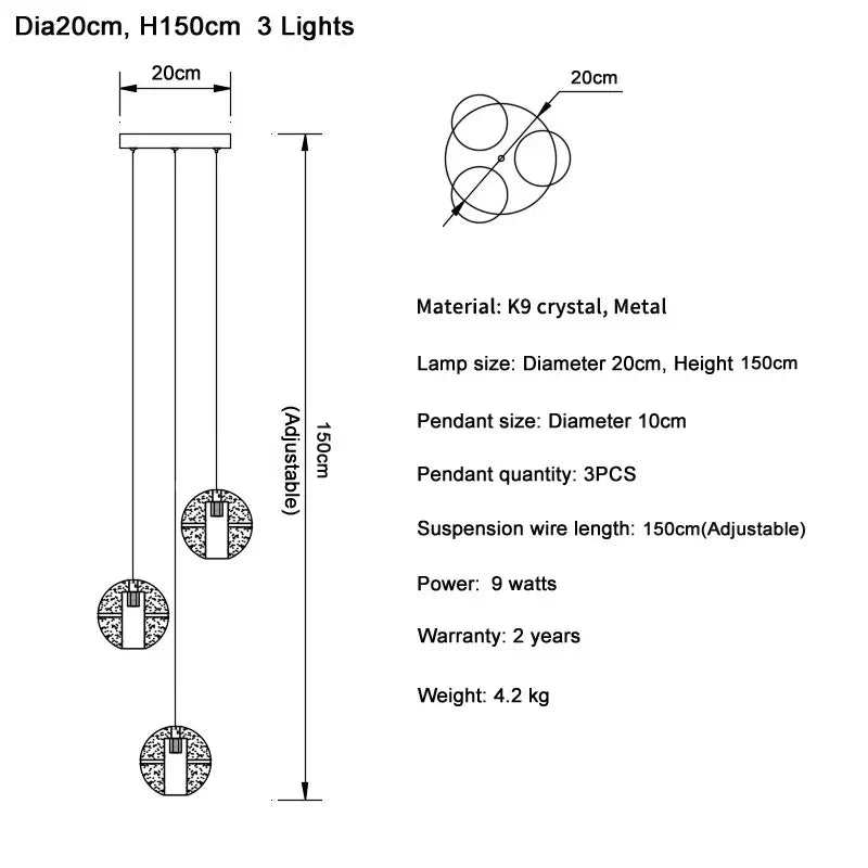 Three light version drawn at 20 cm across with a 150 cm drop marked