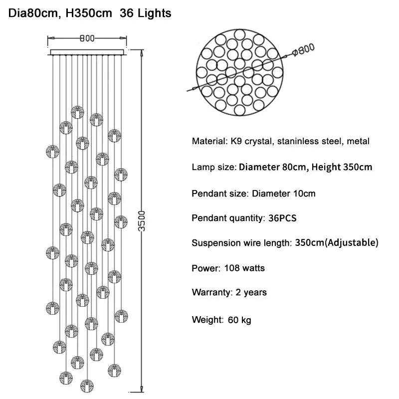 Thirty six light round version drawn at 80 cm across with a 350 cm drop