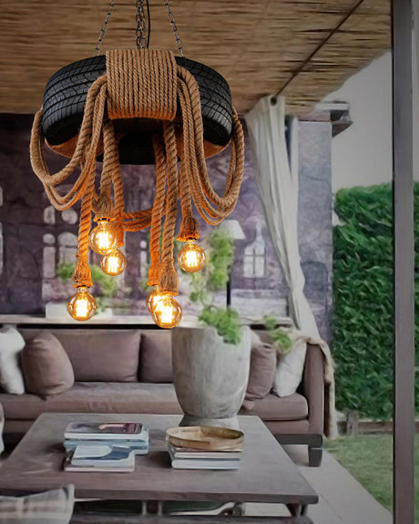 The fitting lit in a living room beside a sofa and a coffee table