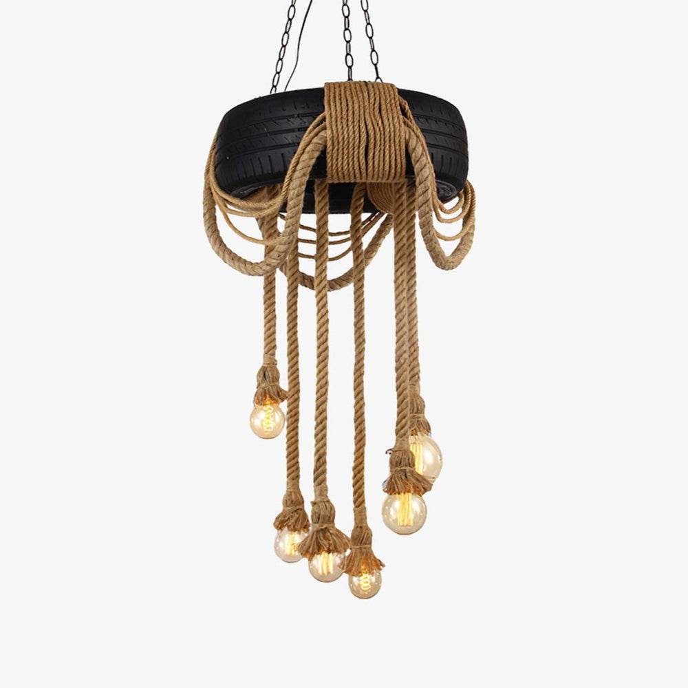 Reclaimed tire chandelier with nine rope strands and exposed lamps