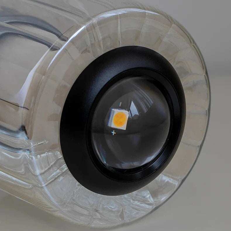 Close view of the LED set into the top of the glass cylinder