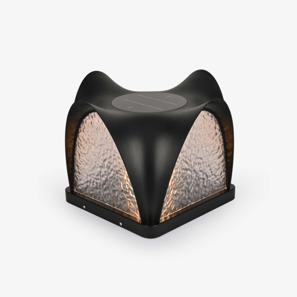 Sculpted cap with four curved petals over textured lit panels