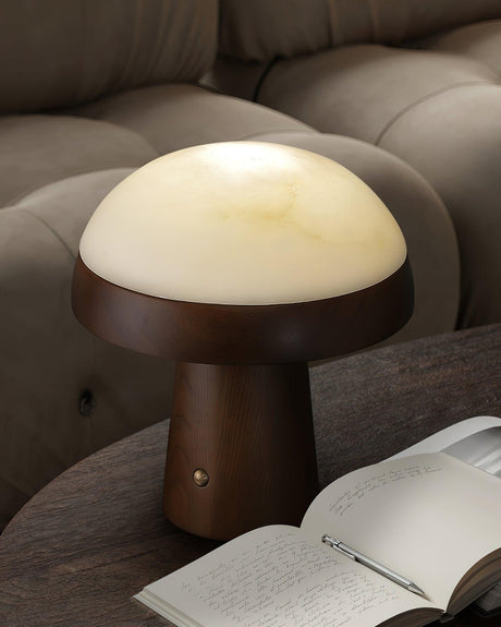 Stone table lamp lit close over an open book on a sofa arm