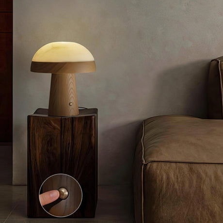 Stone table lamp lit on a dark wood plinth beside a leather sofa