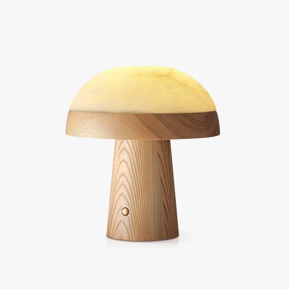 Stone table lamp with a domed shade on a light wood base, plain ground