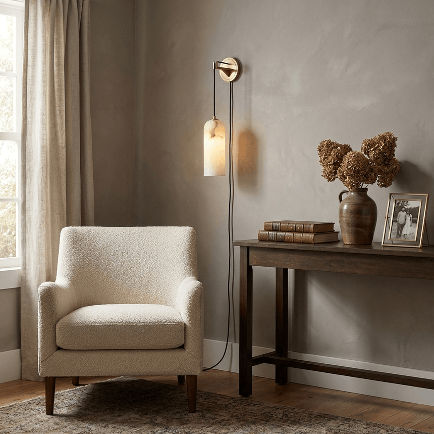 The lit lamp beside a curtain above a console with vases and books