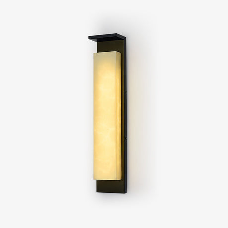 Tall wall light with a veined stone look panel in a dark bronze frame