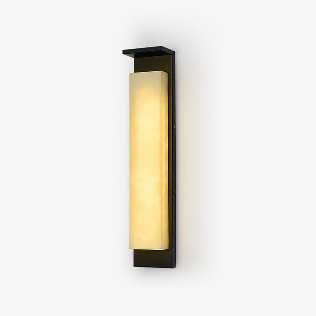 Tall wall light with a veined stone look panel in a dark bronze frame