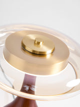 The brass cap and amber glass ring seen from above, lit