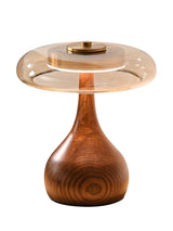 The short glass shade table lamp seen from the front on a plain ground