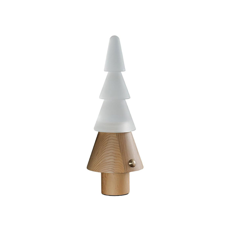 Stacked tree lamp in natural wood, lit, seen from the front