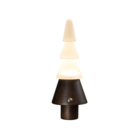 Stacked tree lamp in walnut seen from the front, plain ground