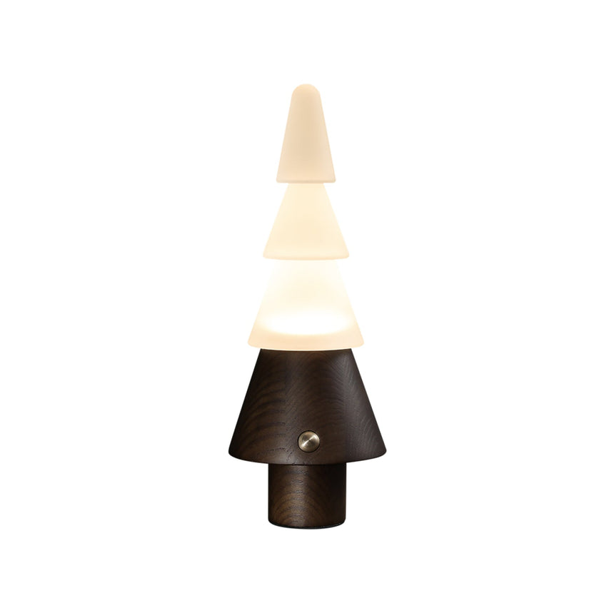 Stacked tree lamp in walnut seen from the front, plain ground