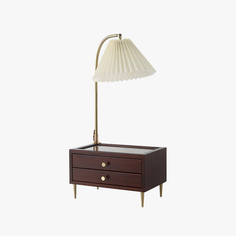 Table lamp with storage seen from the front, drawers closed, plain background