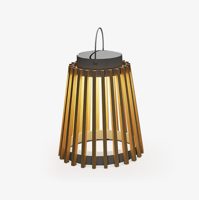 Tapered lantern with vertical timber tone slats and a fine wire handle